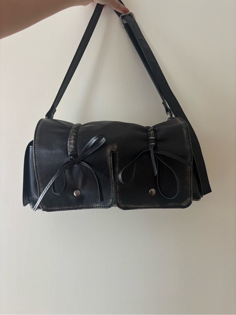 Black Women's Shoulder Bag with Bow Detail